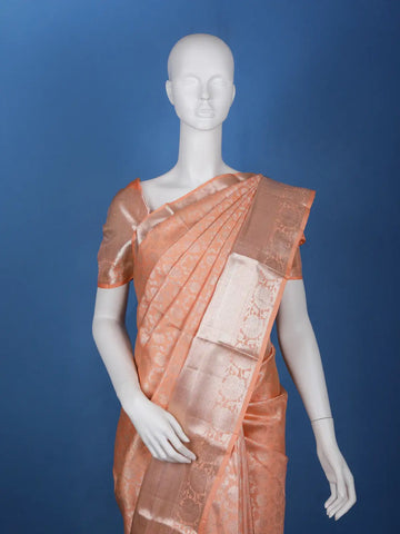 Peach Floral Woven Pure Kanchipuram Silk Saree - Diadem