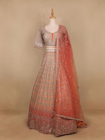 Peach Georgette Floral Designed Bridal Lehenga - Diadem