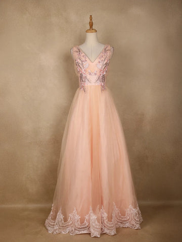 Peach Net Floral Embroidery Party Wear Gown - Diadem