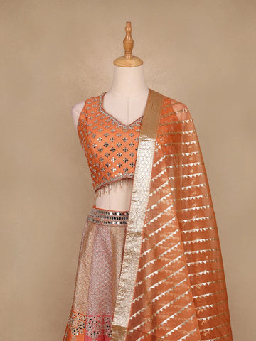 Peach Orange Banarasi Silk Mirror Work Bridesmaids Lehenga - Diadem