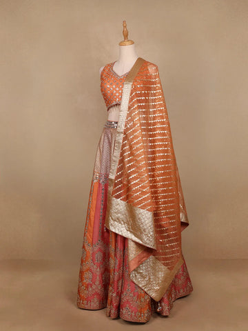 Peach Orange Banarasi Silk Mirror Work Bridesmaids Lehenga - Diadem