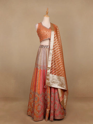Peach Orange Banarasi Silk Mirror Work Bridesmaids Lehenga - Diadem