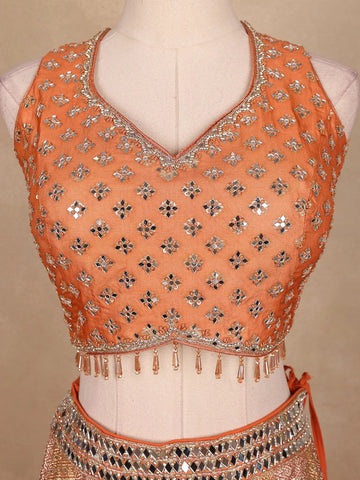 Peach Orange Banarasi Silk Mirror Work Bridesmaids Lehenga - Diadem