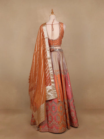 Peach Orange Banarasi Silk Mirror Work Bridesmaids Lehenga - Diadem
