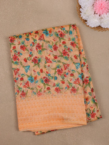 Peach Orange Floral Designed Fancy Cotton Saree - Diadem