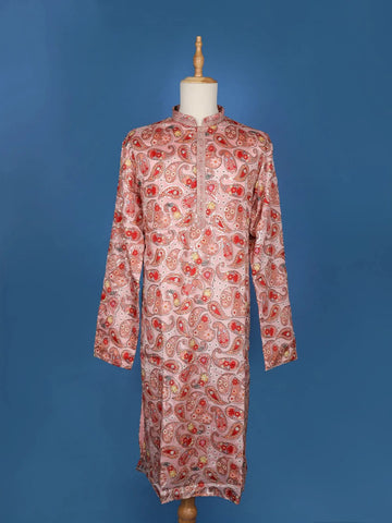 Peach Paisley And Sequins Embroidery Semi silk Kurta Set With Pant - Diadem