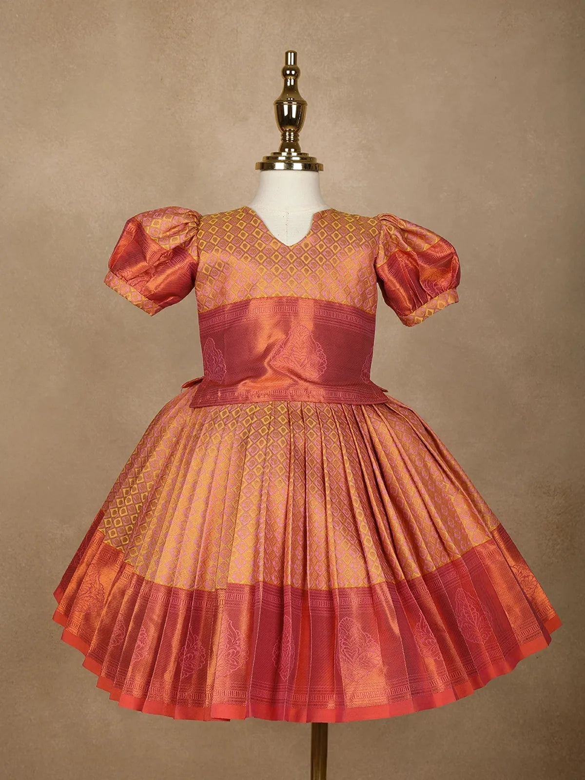 Peach Paisley Designed Silk Pavada Sattai Set - Diadem