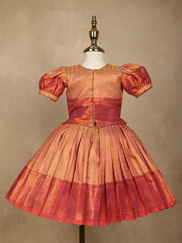 Peach Paisley Designed Silk Pavada Sattai Set - Diadem