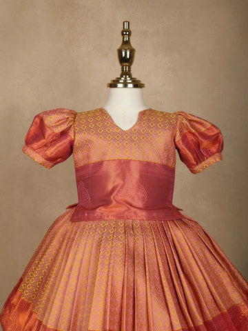 Peach Paisley Designed Silk Pavada Sattai Set - Diadem