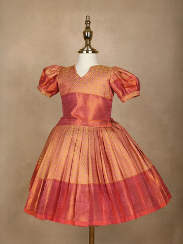 Peach Paisley Designed Silk Pavada Sattai Set - Diadem