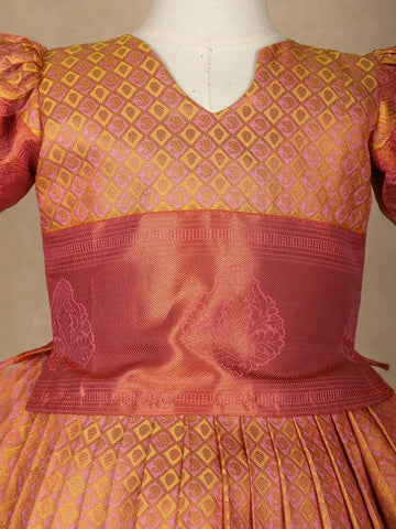 Peach Paisley Designed Silk Pavada Sattai Set - Diadem