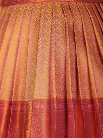 Peach Paisley Designed Silk Pavada Sattai Set - Diadem