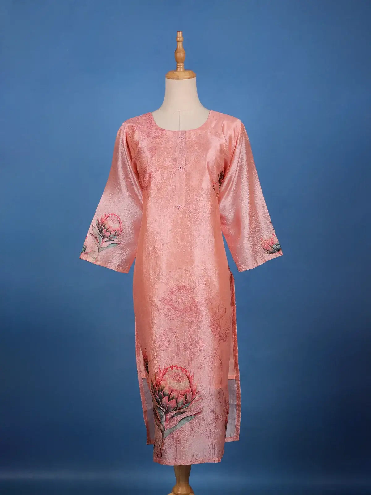 Peach Pink Floral Printed Cotton Kurti - Diadem