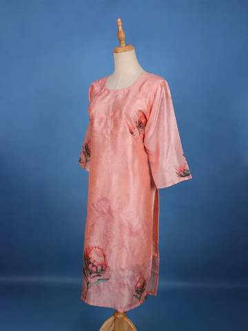 Peach Pink Floral Printed Cotton Kurti - Diadem