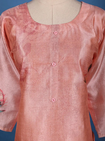 Peach Pink Floral Printed Cotton Kurti - Diadem