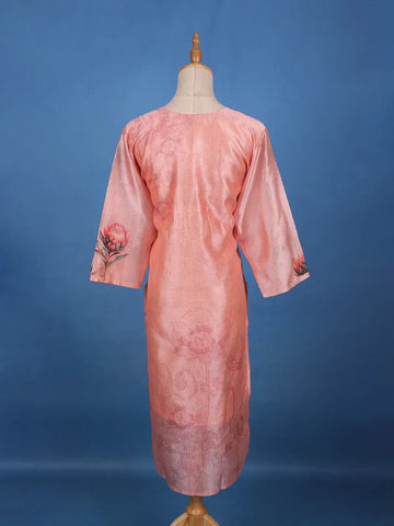 Peach Pink Floral Printed Cotton Kurti - Diadem