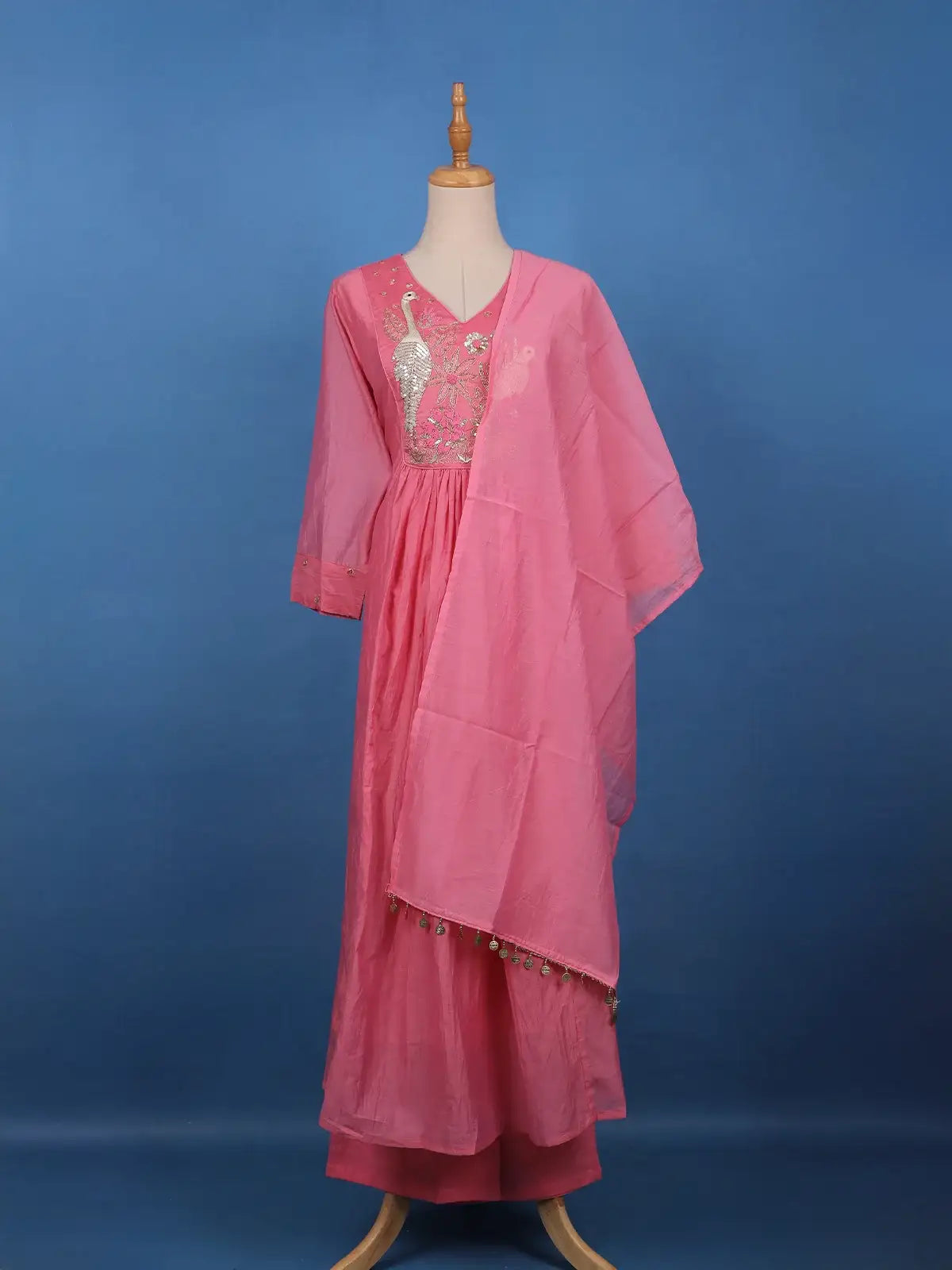 Peach Pink Floral Sequin Embroidery Silk Cotton Salwar Suit - Diadem