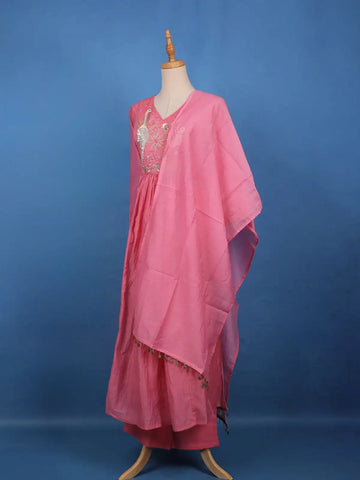 Peach Pink Floral Sequin Embroidery Silk Cotton Salwar Suit - Diadem