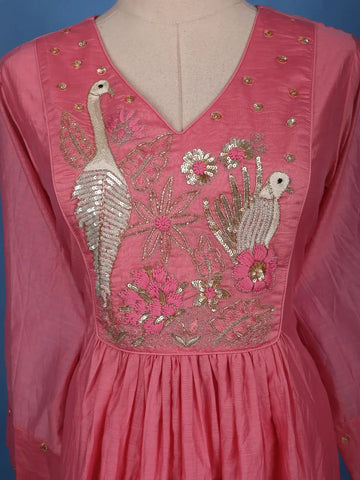 Peach Pink Floral Sequin Embroidery Silk Cotton Salwar Suit - Diadem