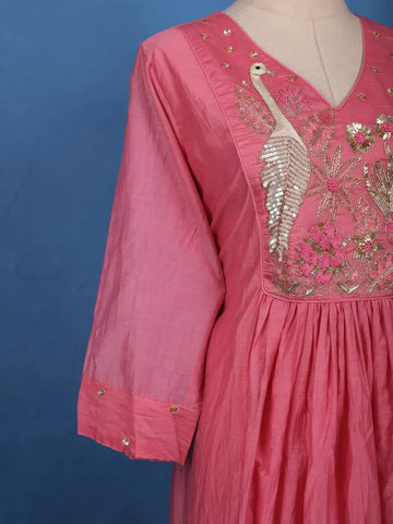Peach Pink Floral Sequin Embroidery Silk Cotton Salwar Suit - Diadem
