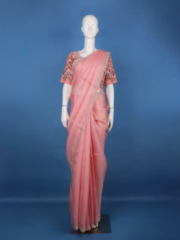 Peach Pink Solid Sequin Embellishment Organza Saree - Diadem