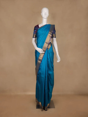 Peacock Blue Butta Design Woven Pure Kanchipuram Silk Saree - Diadem
