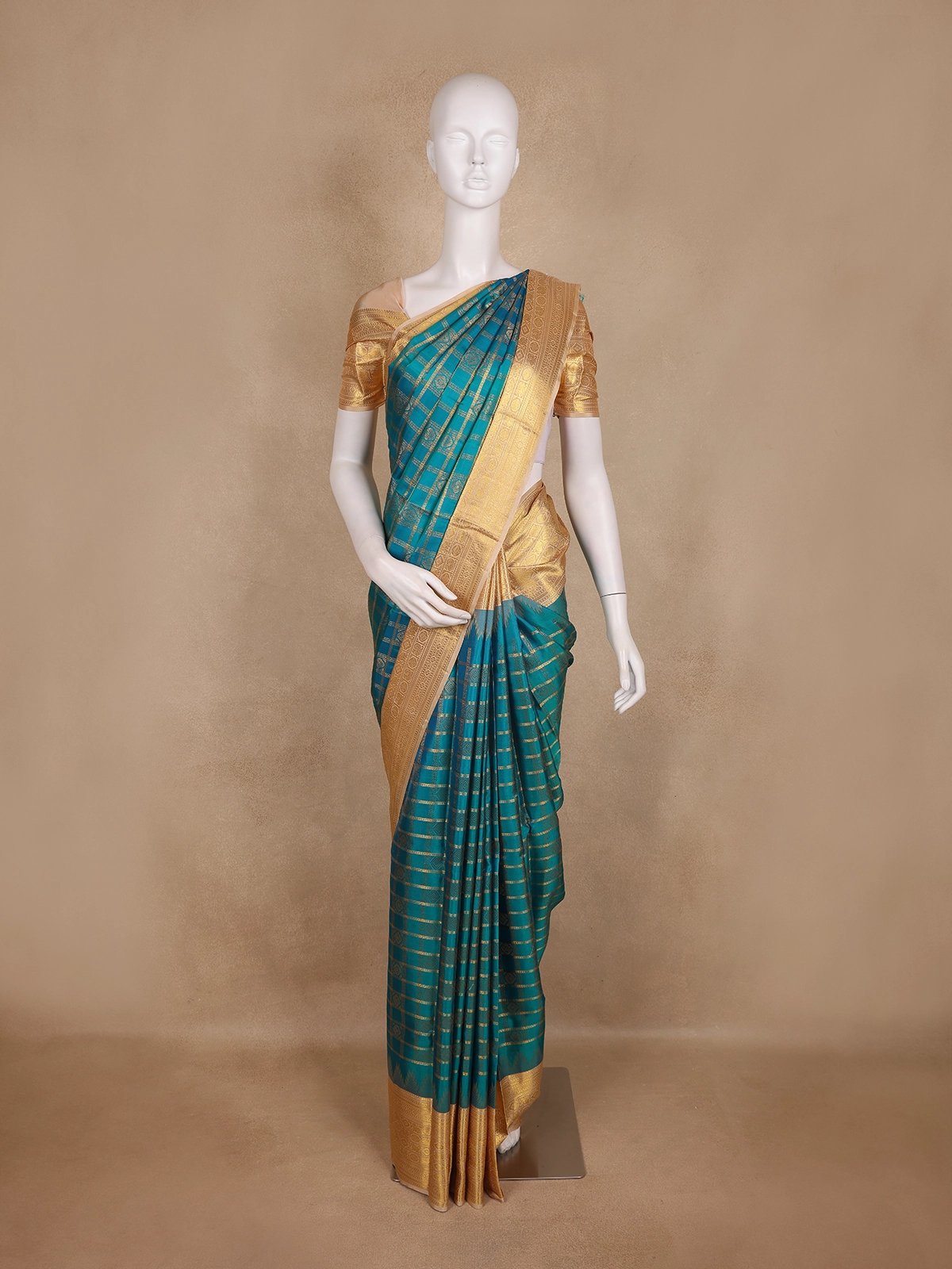 Peacock Blue  Checked Woven Kanchipuram Silk Saree