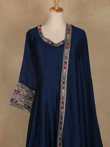 Peacock Blue Embroidered Silk Anarkali Gown - Diadem