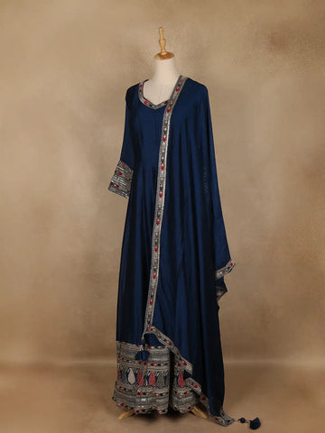 Peacock Blue Embroidered Silk Anarkali Gown - Diadem