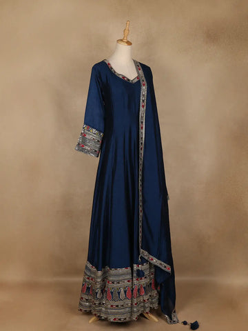 Peacock Blue Embroidered Silk Anarkali Gown - Diadem