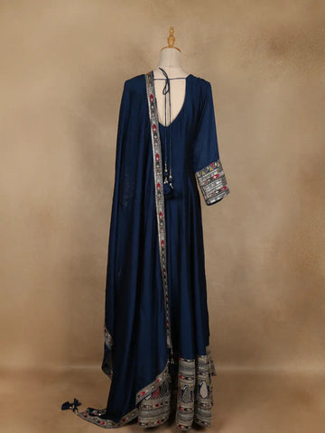 Peacock Blue Embroidered Silk Anarkali Gown - Diadem