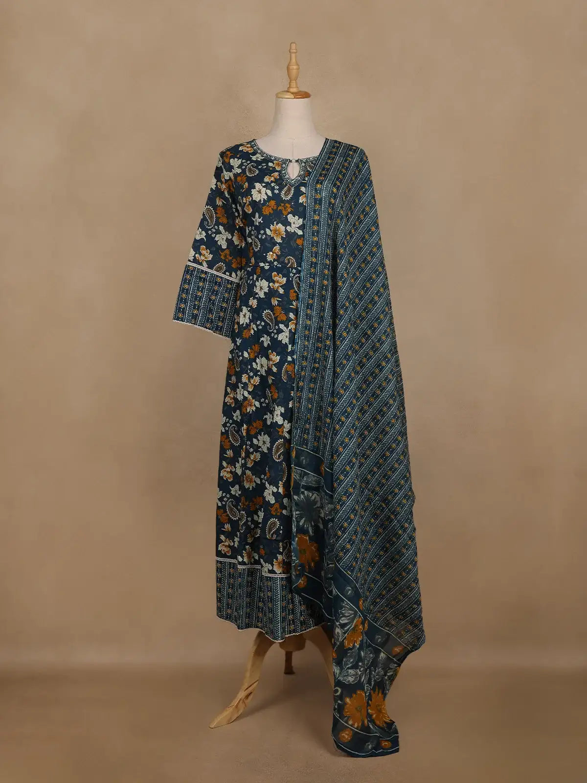 Peacock Blue Floral And Paisley Printed Cotton Salwar Suit With Dupatta - Diadem