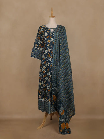 Peacock Blue Floral And Paisley Printed Cotton Salwar Suit With Dupatta - Diadem