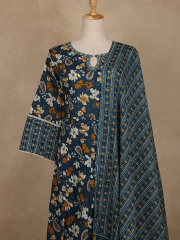Peacock Blue Floral And Paisley Printed Cotton Salwar Suit With Dupatta - Diadem