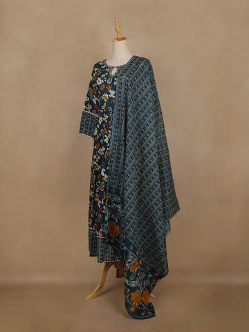 Peacock Blue Floral And Paisley Printed Cotton Salwar Suit With Dupatta - Diadem