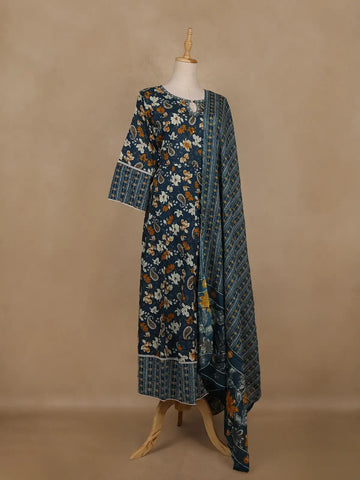 Peacock Blue Floral And Paisley Printed Cotton Salwar Suit With Dupatta - Diadem