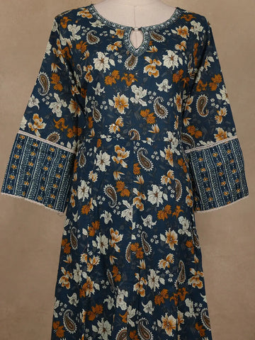 Peacock Blue Floral And Paisley Printed Cotton Salwar Suit With Dupatta - Diadem