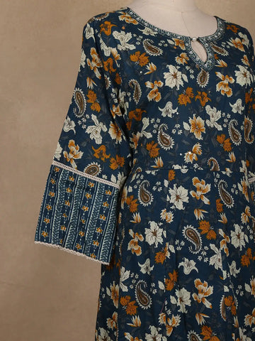 Peacock Blue Floral And Paisley Printed Cotton Salwar Suit With Dupatta - Diadem