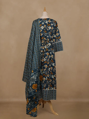 Peacock Blue Floral And Paisley Printed Cotton Salwar Suit With Dupatta - Diadem