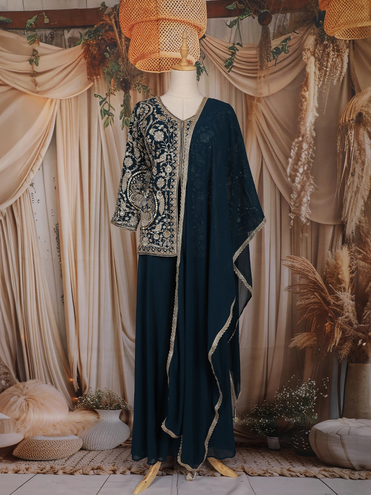 Peacock Blue Floral Embroidered Design Chiffon Palazzo Suit with Dupatta