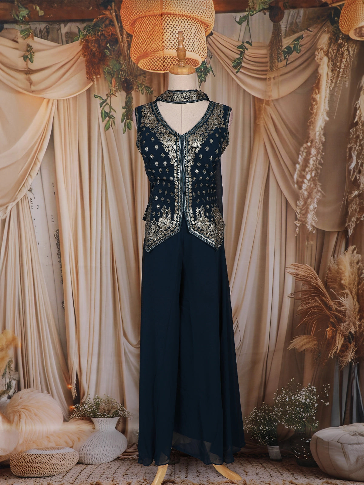Peacock Blue Sequin Embroidered Design Chiffon Palazzo Suit