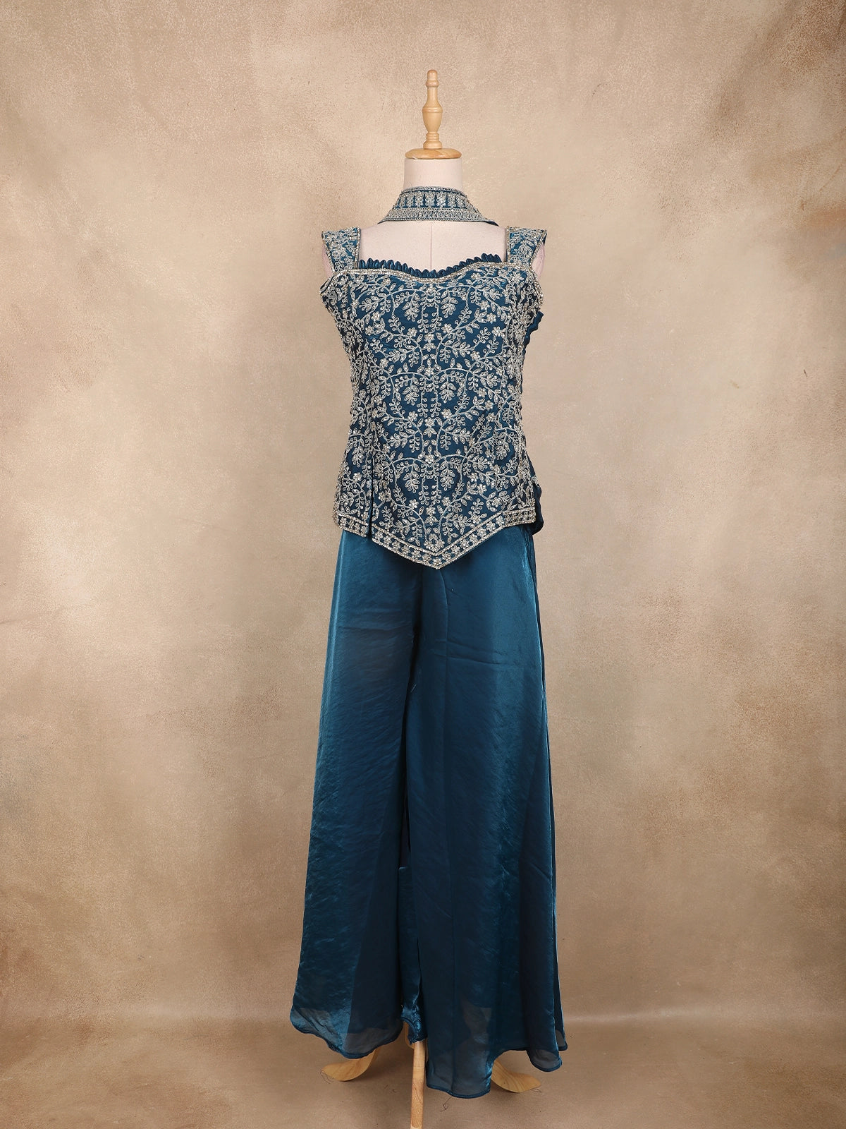 Peacock Blue Floral Embroidered Design Organza Palazzo Suit