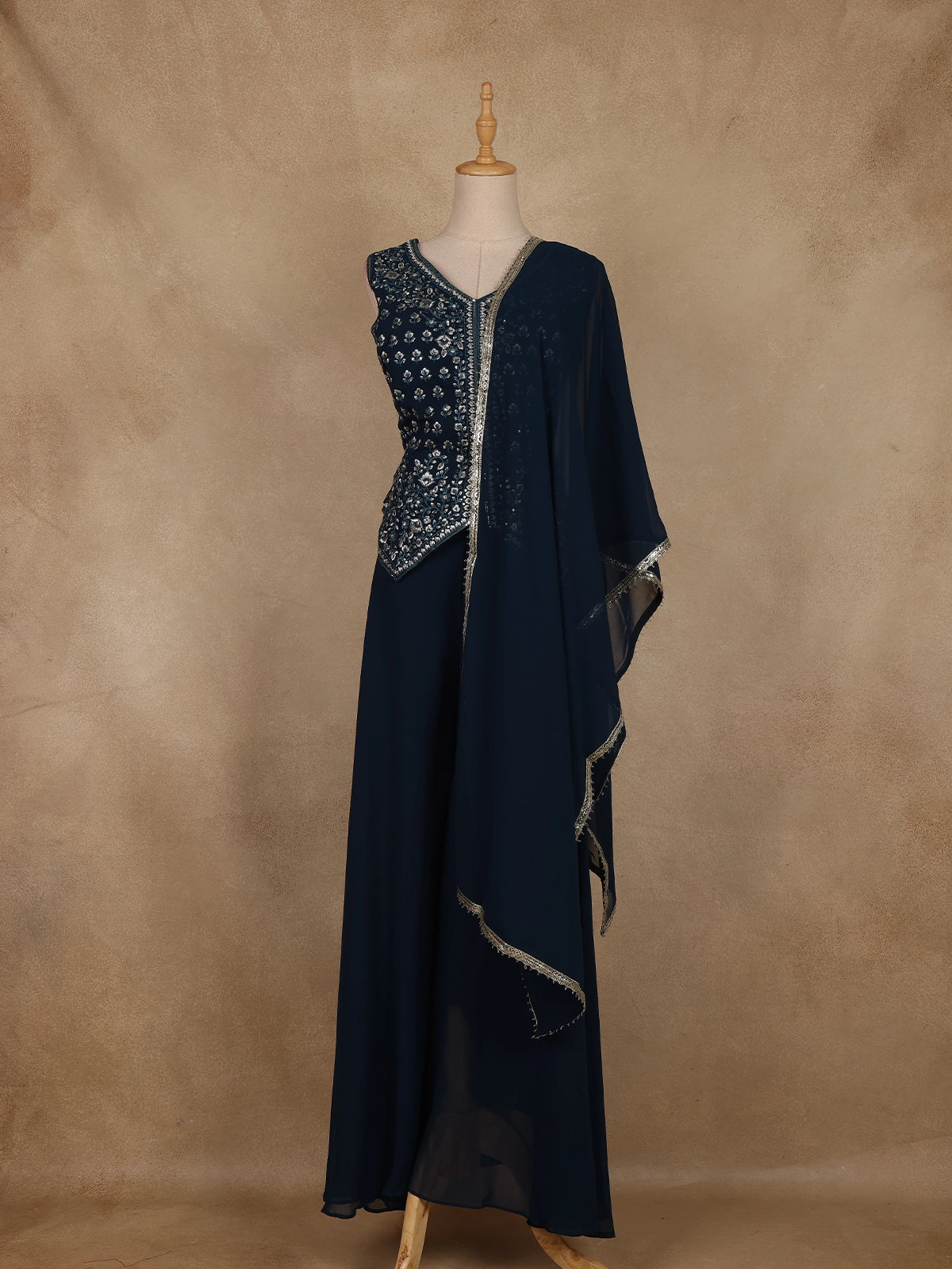 Peacock Blue Floral Embroidered Georgette Palazzo Suit