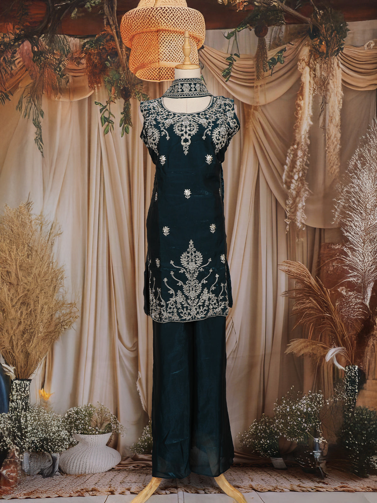 Peacock Blue Floral Embroidered Organza Palazzo Suit