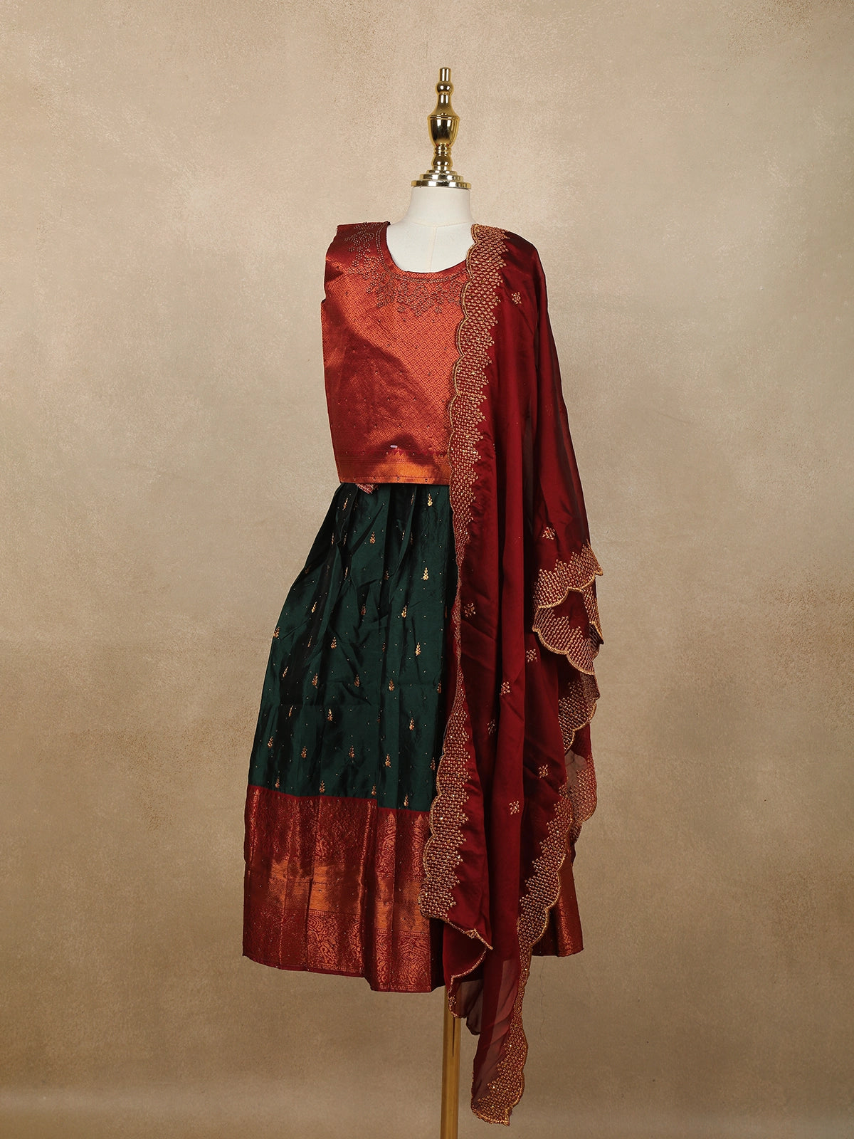 Peacock Blue Floral Embroidered Raw Silk Pattu Pavadai