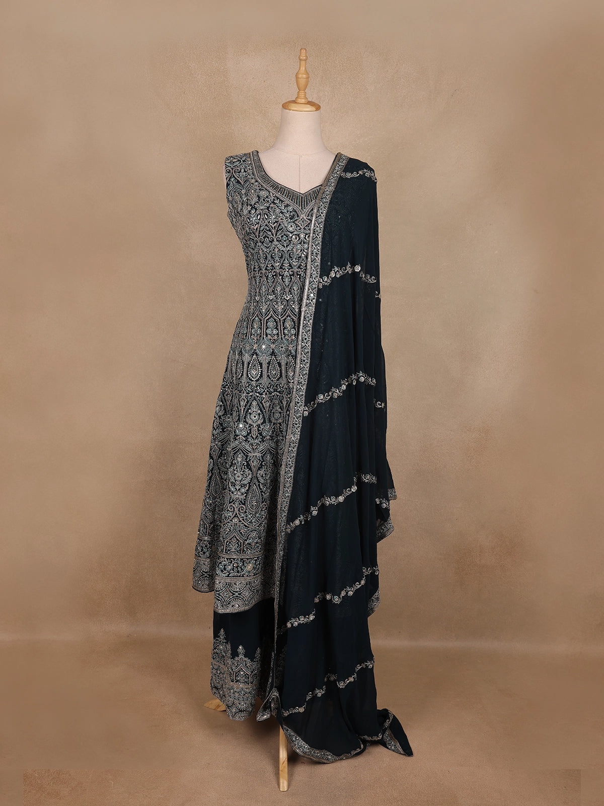 Peacock Blue Floral Sequins Embroidered Design Georgette Palazzo Suit