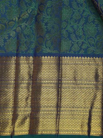 Peacock Blue Floral Woven Pure Kanchipuram Silk Saree - Diadem