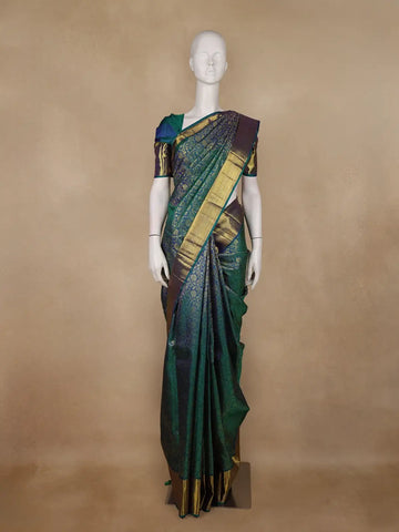 Peacock Blue Floral Woven Pure Kanchipuram Silk Saree - Diadem