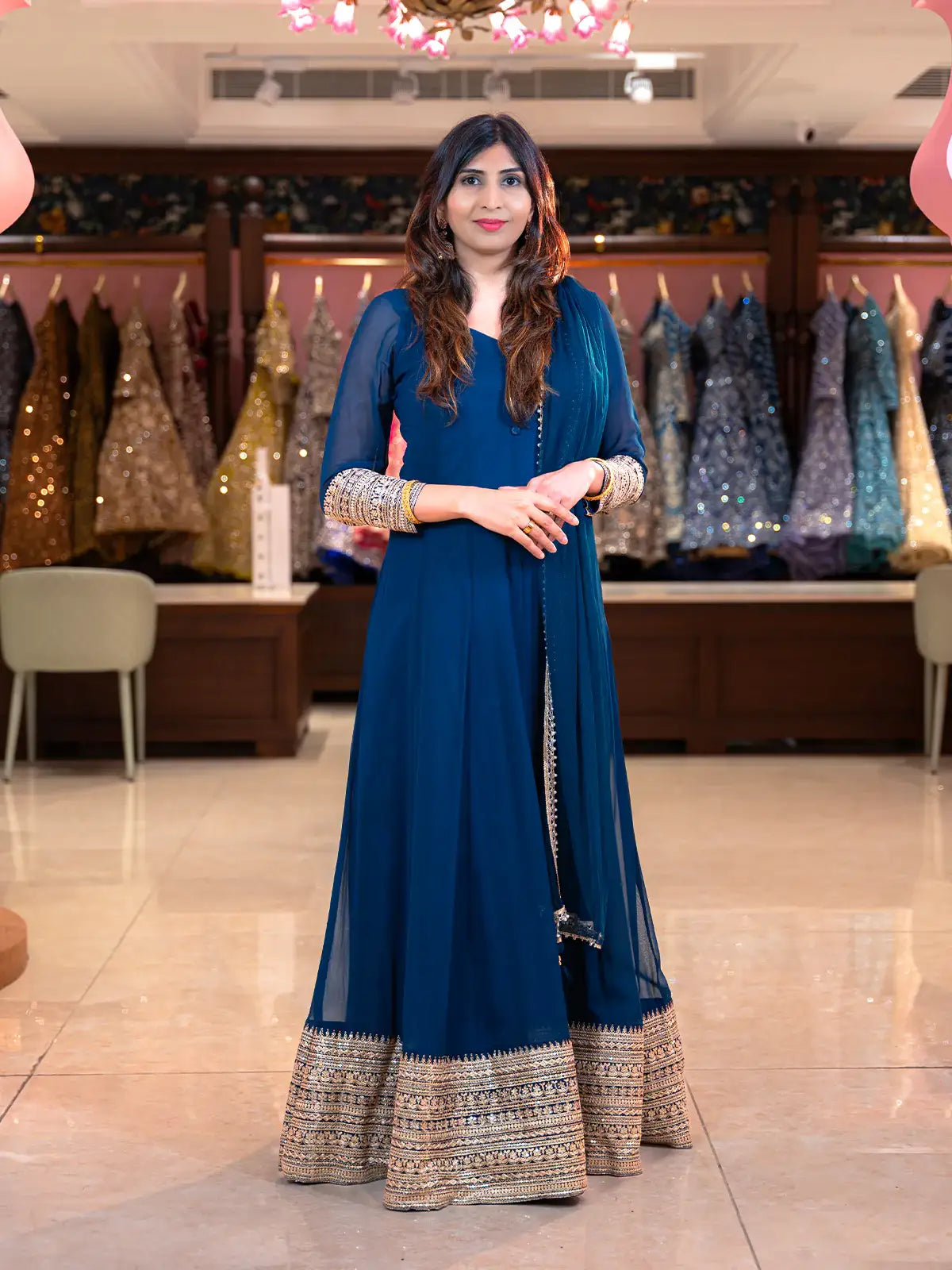 Peacock Blue Panel Designed Anarkali Georgette Gown - Diadem