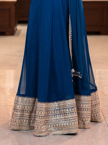 Peacock Blue Panel Designed Anarkali Georgette Gown - Diadem